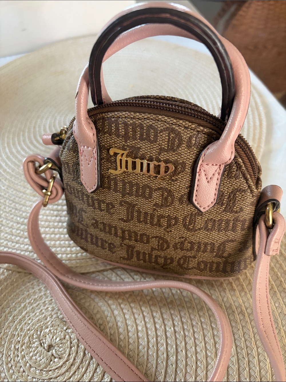 Juicy Couture Brown Monogram Mini Satchel with Pink Trim